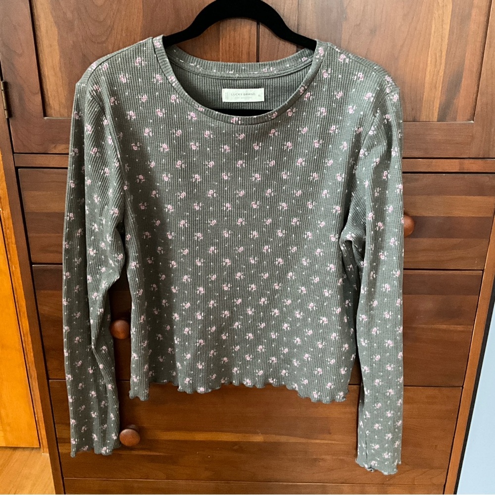 Lucky Brand Olive Green Ditsy Print Crewneck Waffle Long Sleeve Cropped Top XL